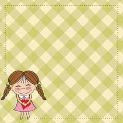 Funny girl with hearts. Doodle cartoon character.