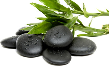 Obraz na płótnie Canvas black zen pebbles and a bamboo leaves