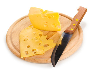 Cheese on cutting board with knife isolated on white