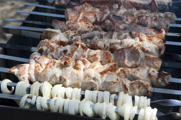 The meat on the open fire