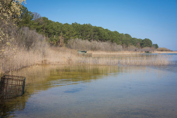 rivage du lac avec cabanes de chasse