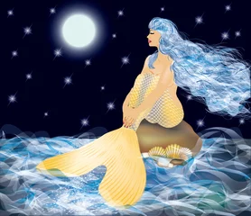 Papier Peint photo Lavable Sirène Belle sirène dorée et clair de lune
