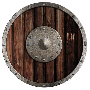 Old viking wooden shield isolated on white