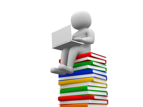 3d man sitting on a pile of books working at his lapop