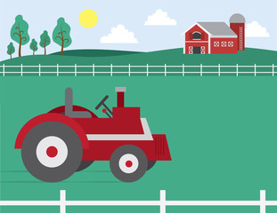 Ferme de dessin animé avec grange et tracteur dans le champ