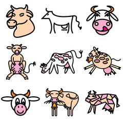 cow and milk icons vector set