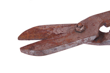 Old heavy duty metal cutters on a white background.