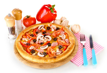 Aromatic pizza with vegetables and mushrooms isolated on white