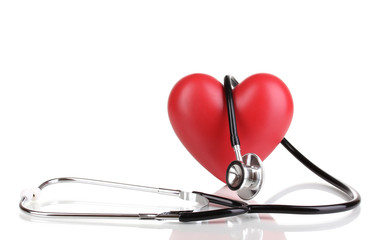 Medical stethoscope and heart isolated on white
