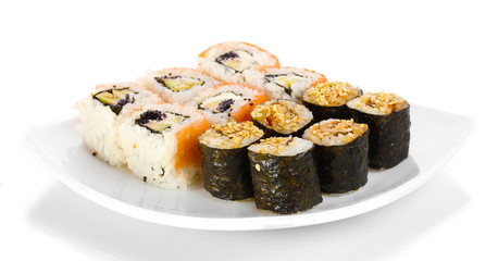 Tasty rolls served on white plate isolated on white