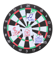 Darts with stickers depicting the life values isolated