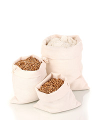 Flour and wheat grain isolated on white