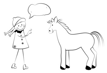 Cute cartoon girl with horse.