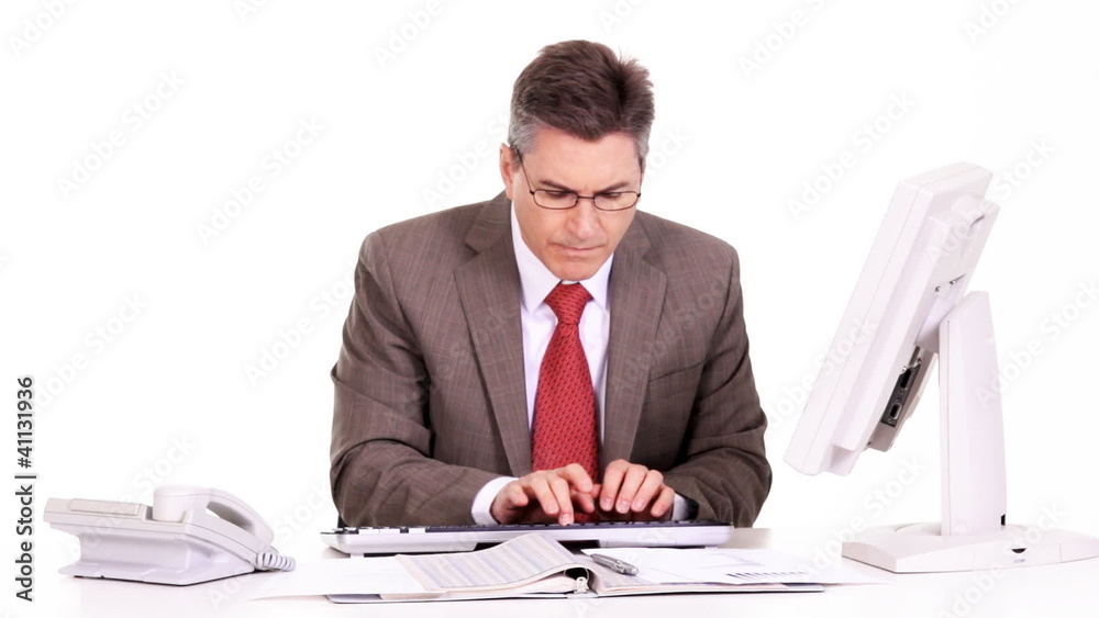 Sticker accountant businessman working with computer.