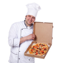 male chef holding a pizza box open