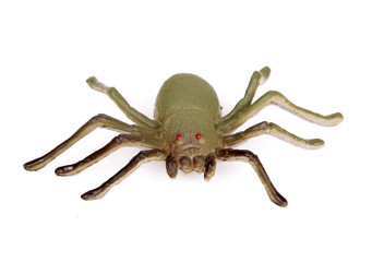 Colorful Plastic Toy Spiders on White Background
