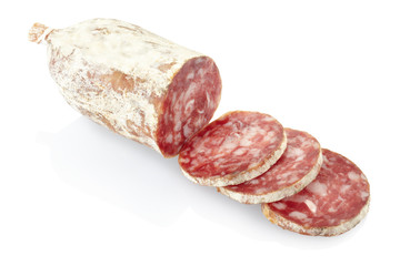 Sliced salami isolated, clipping path included