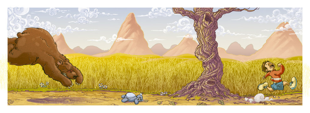 Oso corriendo detras de un ni&ntilde;o en el campo