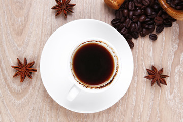 hot drink : black Turkish coffee in small white mug with mortar