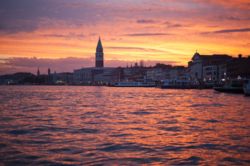 Typical scene of Venice City in Italy at sunset