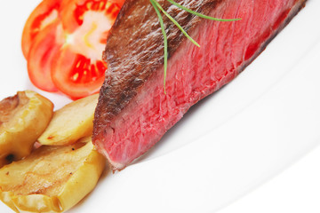 meat savory : grilled beef fillet steak on white plate with pota