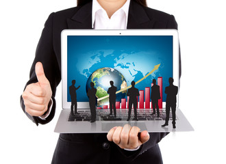 Business people hold Laptop with silhouette people