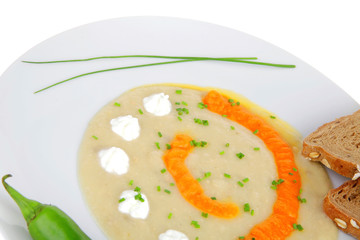 isolated salmon soup with bread and pepper