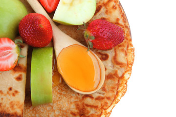baked and fruits : pancake with honey and strawberries