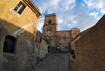 Fisheye view of old street in Savoca  village, Italy, at sunset