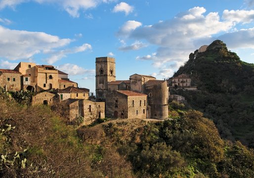 Medieval village of Savoca in Sicily, Italy, at sunset
