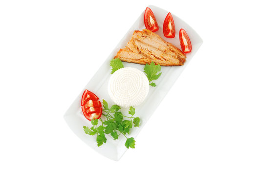 soft cheese and grilled salmon steak