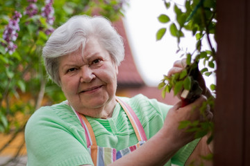 Ältere Dame bei der Gartenarbeit