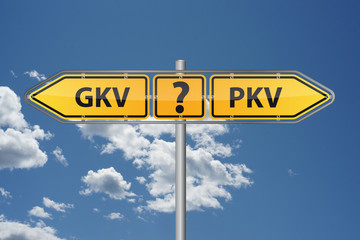 Gesetzlich oder privat versichert? Gelber Pfeil in zwei Richtungen mit Fragezeichen in der Mitte.
