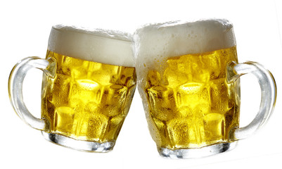 Pair of beer glasses making a toast.