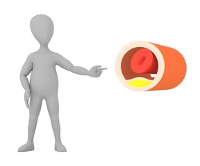 3d render of cartoon character with vessel (cholesterol)