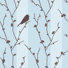 Vector seamless pattern with bird on sakura