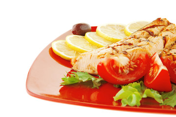 salmon steak on red