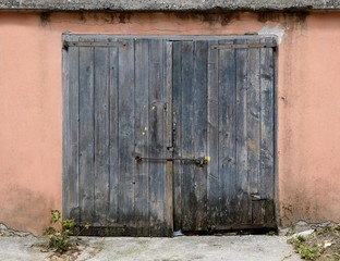 old weathered wooden garage door