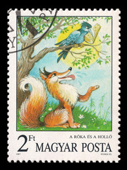 Slaked postage stamp in 1987 with the Crow and the Fox