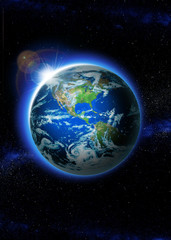 Fototapeta na wymiar Planeta Ziemia o wschodzie słońca w przestrzeni, Rising Sun nad Ziemią