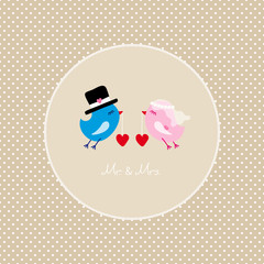 Birds Flying Holding 2 Hearts Beige Dots Background