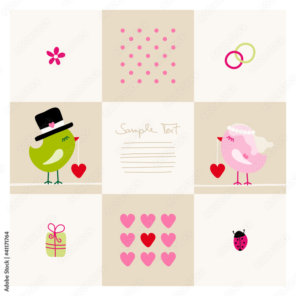 Wall mural wedding card cute birds green/pink