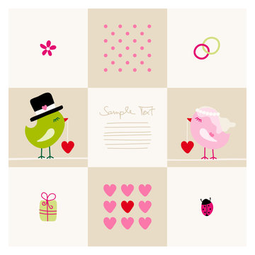 Wedding Card Cute Birds Green/Pink