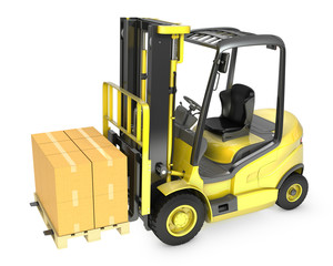 Yellow fork lift truck with stack of carton boxes