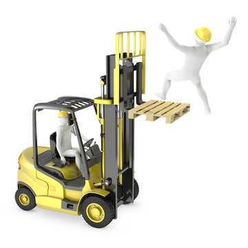 Abstract white man falling from lift truck fork