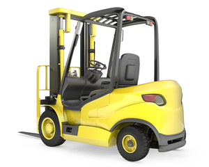 Yellow fork lift truck, rear view