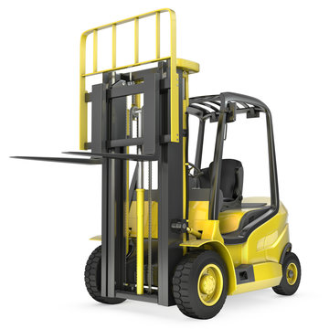 Yellow fork lift truck with raised fork, front view