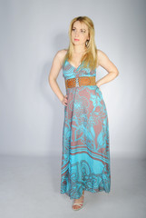beautiful girl blonde in year bright peasant woman's dress in as