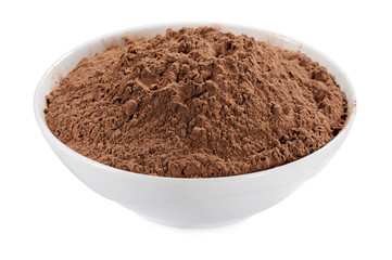 cocoa powder in cup, isolated on white