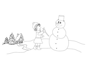 Little girl and snowman